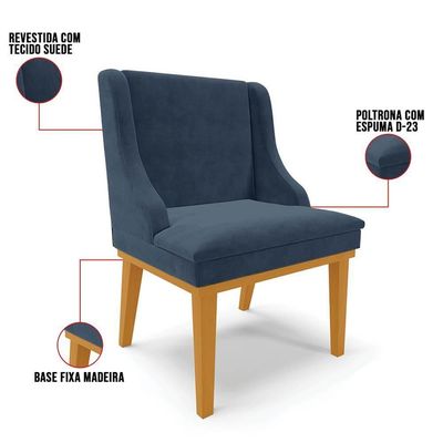 Kit 2 Cadeiras Estofadas Para Sala De Jantar Base Fixa De Madeira Castanho Lia Suede Azul Marinho - Ibiza