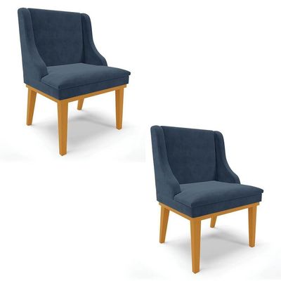 Kit 2 Cadeiras Estofadas Para Sala De Jantar Base Fixa De Madeira Castanho Lia Suede Azul Marinho - Ibiza