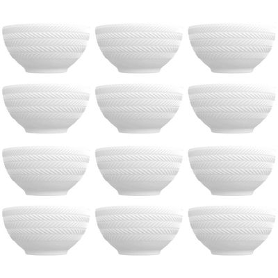 12 Bowls de Porcelana Germer 400ml Branco com Relevo Chevron Cumbuca para Petiscos Caldos Sobremesas