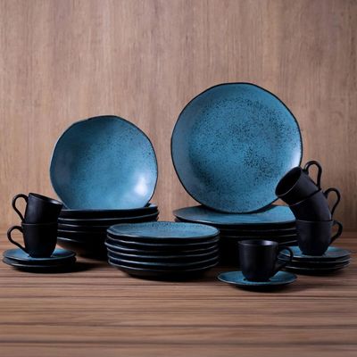 Aparelho de Jantar Orgânico Petroleum 30 Peças Porto Brasil Cerâmica Stoneware Azul Mesa Posta