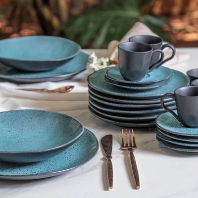 Aparelho de Jantar Orgânico Petroleum 30 Peças Porto Brasil Cerâmica Stoneware Azul Mesa Posta