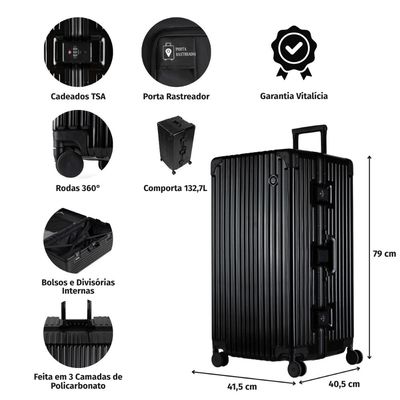 Mala de Viagem Grande Ultra Ampla Policarbonato 4 Rodas Kyoto Trunk Prata GG / Prata