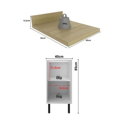 Balcão De Cozinha Em Mdf Com Tampo E 1 Porta 40cm Multimóveis Cr20464 Branco Carvalho Tropical