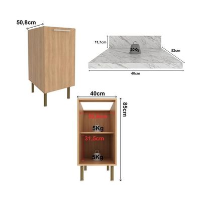 Balcão De Cozinha Com Tampo E 1 Porta 40cm Multimóveis Cr20458 Freijó Mármore Branco
