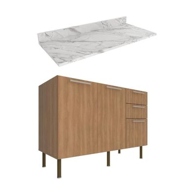 Balcão De Cozinha Com Tampo 2 Portas E 3 Gavetas 120cm Multimóveis Cr20457 Freijó Mármore Branco