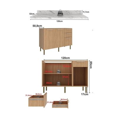 Balcão De Cozinha Com Tampo 2 Portas E 3 Gavetas 120cm Multimóveis Cr20457 Freijó Mármore Branco
