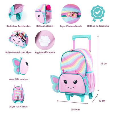 Mochila Escolar Feminina de Rodinhas Pets Borboleta U / Rosa