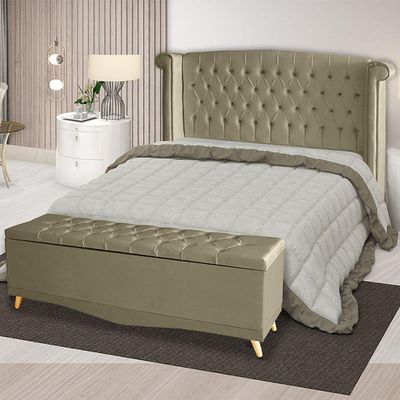 Kit De Quarto Cabeceira De Cama Box E Calçadeira Baú Toquio Casal 140 Cm Suede Bege Do Lar Móveis E Decoração