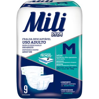 Fralda Geriátrica Mili Vita Tamanho M  1 Pacote com 9 fraldas com Super Gel Absorvente Mais Conforto