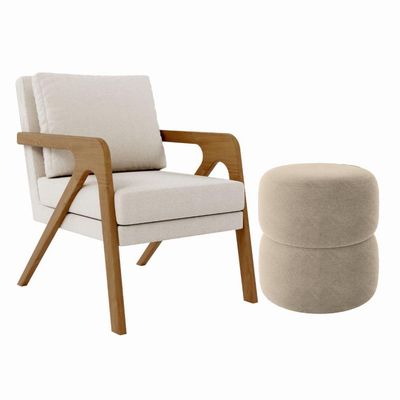 Kit Poltrona E Puff Decorativo Luxo Sala Escritório Lana Linho Bege