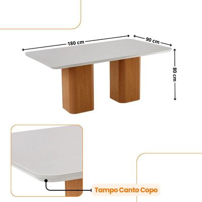 Mesa De Jantar Eloise 180cm Tampo Mdf E Vidro Canto Copo Naturalle /off White /serig. Off