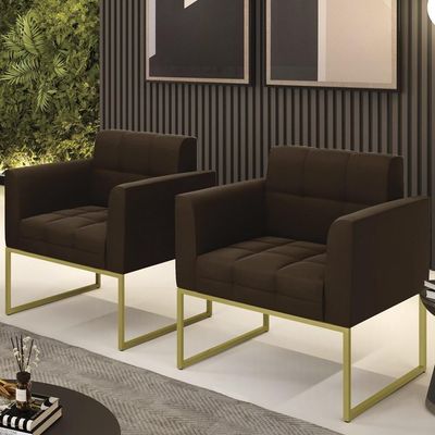 Poltrona Base Industrial Dourado Kit 2 Ana Suede Marrom - Ibiza