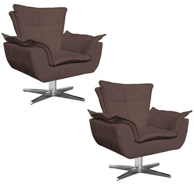 Kit 2 Poltronas Decorativas Sala De Estar Base Giratória Cromada Opla Suede Marrom - Ibiza
