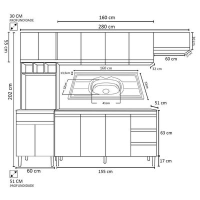 Cozinha Modulada 5 Peças Balcão Com Pia 160cm Andréia Cinza - Ajl Móveis