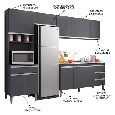 Cozinha Modulada 5 Peças Balcão Com Pia 160cm Andréia Cinza - Ajl Móveis