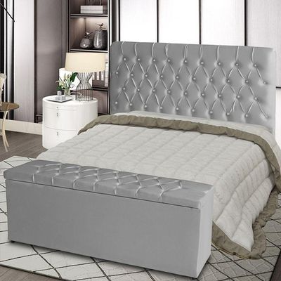 Kit Cabeceira De Cama E Calçadeira Baú Estrela King 195 Cm Suede Capitonê Prata Casa Móveis E Decoração