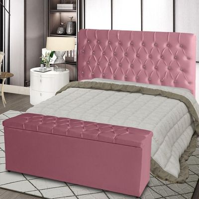 Kit Cabeceira De Cama E Calçadeira Baú Estrela Casal 140 Cm Suede Capitonê Cor Rosa De Casa Móveis E Decoração