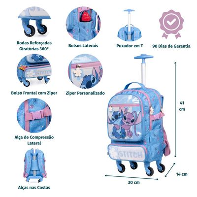 Mochila de Rodinha Infantil Feminina Stitch e Angel Azul U / Azul