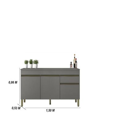 Kit Balcão De Pia Com Tampo E Aereo 150 Cm 6 Portas 1 Gaveta Line - Gris/gris/cp-freijó