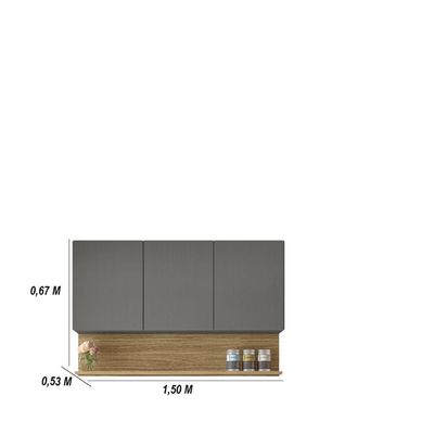 Kit Balcão De Pia Com Tampo E Aereo 150 Cm 6 Portas 1 Gaveta Line - Gris/gris/cp-freijó
