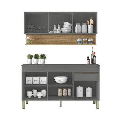 Kit Balcão De Pia Com Tampo E Aereo 150 Cm 6 Portas 1 Gaveta Line - Gris/gris/cp-freijó