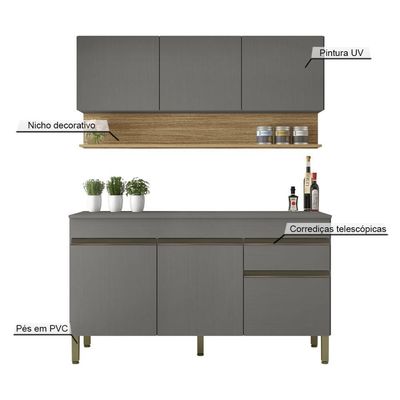 Kit Balcão De Pia Com Tampo E Aereo 150 Cm 6 Portas 1 Gaveta Line - Gris/gris/cp-freijó