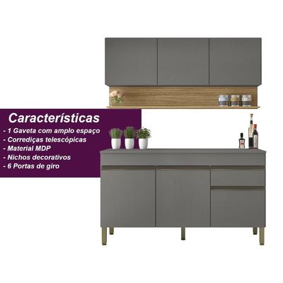 Kit Balcão De Pia Com Tampo E Aereo 150 Cm 6 Portas 1 Gaveta Line - Gris/gris/cp-freijó