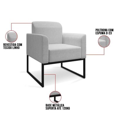 Poltrona Decorativa Base Industrial Preto Maressa A05 Linho Cinza Claro - Ibiza
