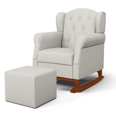 Poltrona Amamentação Base Madeira Balanço E Puff Lucy P04 Linho Off White - Mpozenato