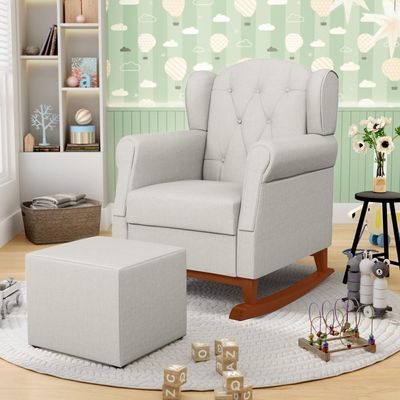 Poltrona Amamentação Base Madeira Balanço E Puff Lucy P04 Linho Off White - Mpozenato
