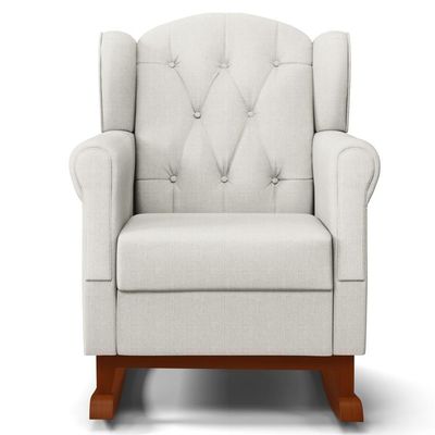 Poltrona Amamentação Base Madeira Balanço E Puff Lucy P04 Linho Off White - Mpozenato
