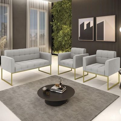 Sofá Namoradeira E 2 Poltronas Base Industrial Dourado Ana Veludo Cinza - Ibiza
