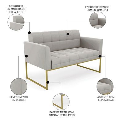Sofá Namoradeira E 2 Poltronas Base Industrial Dourado Ana Veludo Cinza - Ibiza