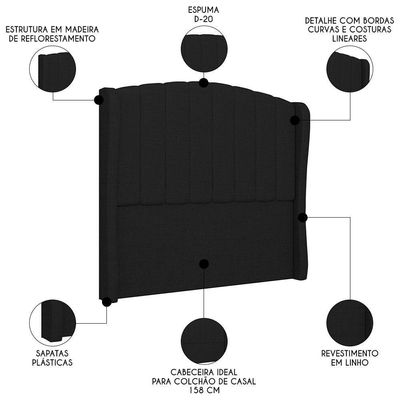 Cabeceira Casal Queen Cama 160cm Glenda I02 Linho Preto - Mpozenato