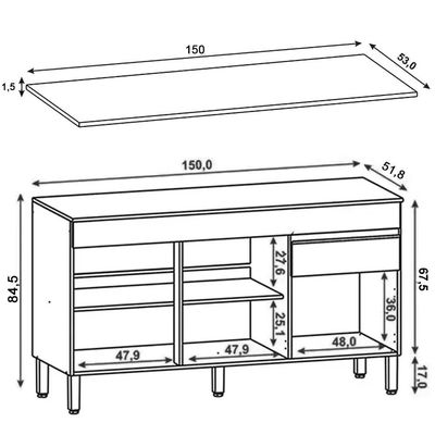 Balcão Gabinete Para Pia Com Tampo 150cm Lina K02 Supremo - Mpozenato