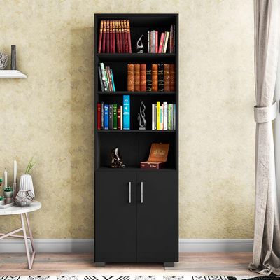 Estante de Livros para Escritório Home Office Portas Pequenas Alf Preto Texturizado - Gran Belo