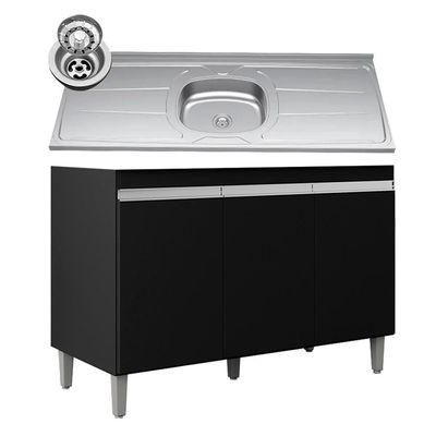 Balcão De Cozinha Com Pia Inox 120cm 3 Portas Manu Preto - Ajl Móveis