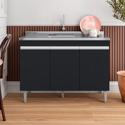 Balcão De Cozinha Com Pia Inox 120cm 3 Portas Manu Preto - Ajl Móveis