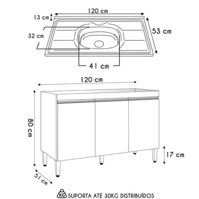 Balcão De Cozinha Com Pia Inox 120cm 3 Portas Manu Preto - Ajl Móveis