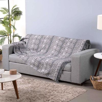 Xale Para Sofá Com Franja Luxor 1 Peça 2,10m X 1,35m 60% Algodão 40% Poliéster Tecido Jacquard - Cinza Geométrico