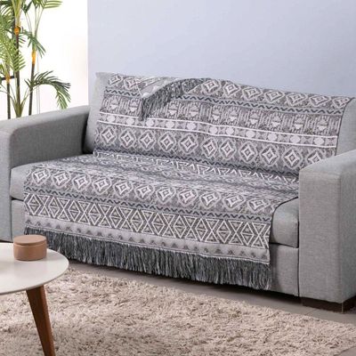 Xale Para Sofá Com Franja Luxor 1 Peça 2,10m X 1,35m 60% Algodão 40% Poliéster Tecido Jacquard - Cinza Geométrico