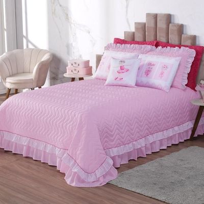 Cobre Leito Com Babado Bordado Ballet Queen 7 Peças - Na Cor Rosa