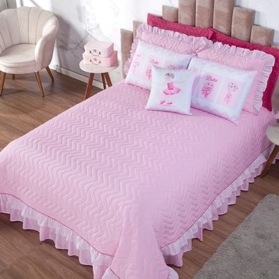 Cobre Leito Com Babado Bordado Ballet Queen 7 Peças - Na Cor Rosa