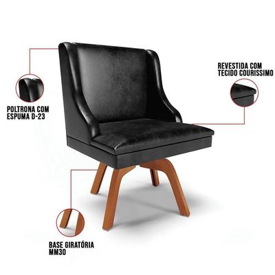 Kit 6 Cadeiras Estofadas Base Giratória De Madeira Lia Sintético Premium Preto - Ibiza