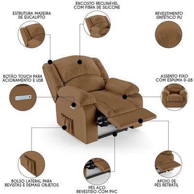 Poltrona Do Papai Reclinável Pietra Elétrica Led Fh9 Pu Caramelo - Mpozenato