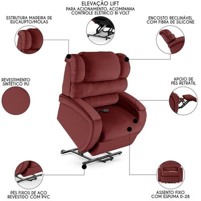 Poltrona Do Papai Reclinável Kalie Elevação Lift Elétrico Fh9 Pu Vermelho - Mpozenato