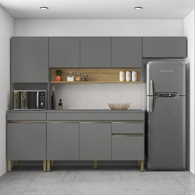 Armário De Cozinha Completa 150 Com Balcão Com Tampo 9 Portas Line Freijó-gris