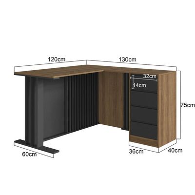 Conjunto para Escritório com 3 Peças Mesa L Armário Alto com Nichos e Balcão Mel Grafite CM4080MG