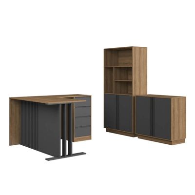 Conjunto para Escritório com 3 Peças Mesa L Armário Alto com Nichos e Balcão Mel Grafite CM4080MG