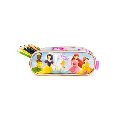 Estojo Escolar Feminino Médio Princesas 3 Compartimentos Rosa U / Rosa